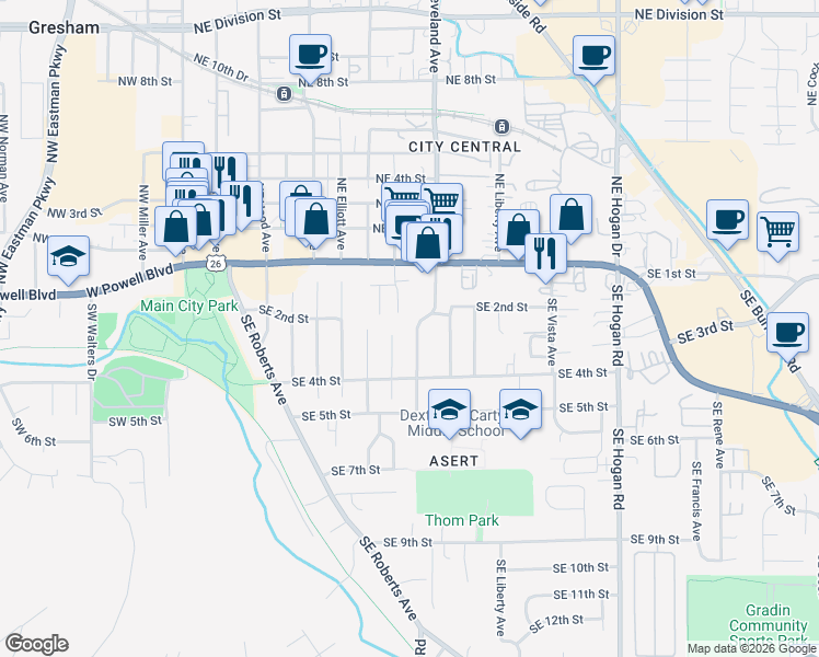 map of restaurants, bars, coffee shops, grocery stores, and more near 190 Southeast Linden Avenue in Gresham