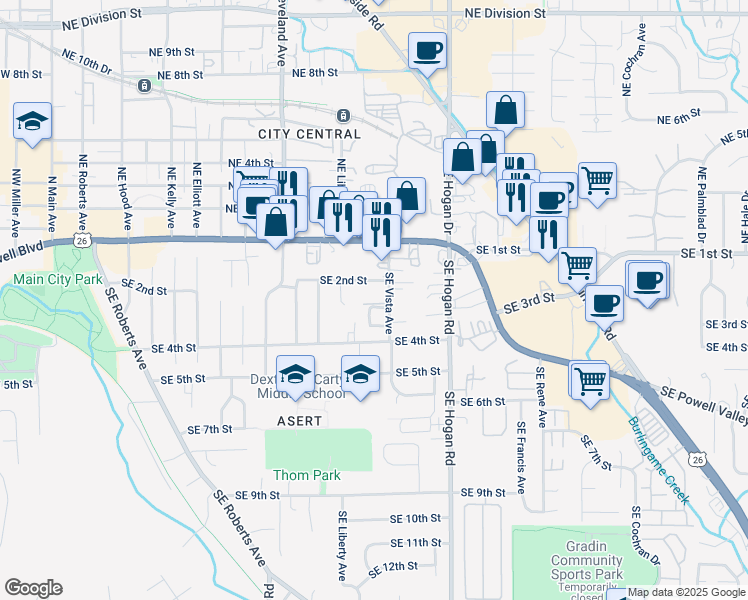 map of restaurants, bars, coffee shops, grocery stores, and more near 220 Southeast Vista Avenue in Gresham