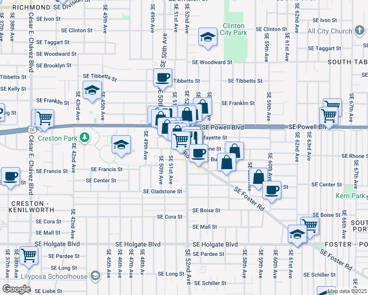 map of restaurants, bars, coffee shops, grocery stores, and more near 5045 Southeast Foster Road in Portland