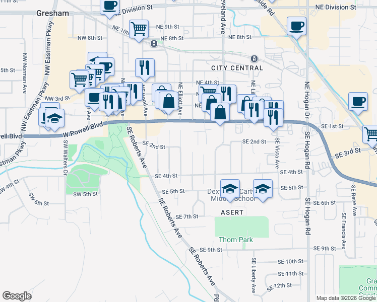 map of restaurants, bars, coffee shops, grocery stores, and more near 205 Southeast Linden Court in Gresham