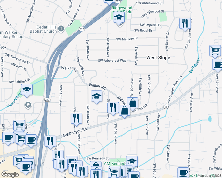 map of restaurants, bars, coffee shops, grocery stores, and more near 10305 Southwest Walker Road in Beaverton