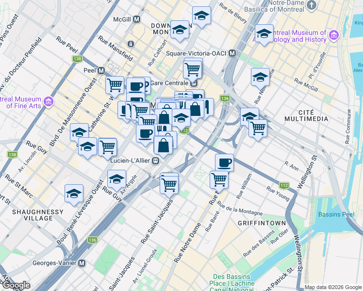map of restaurants, bars, coffee shops, grocery stores, and more near 1114 Rue Saint-Antoine Ouest in Montréal