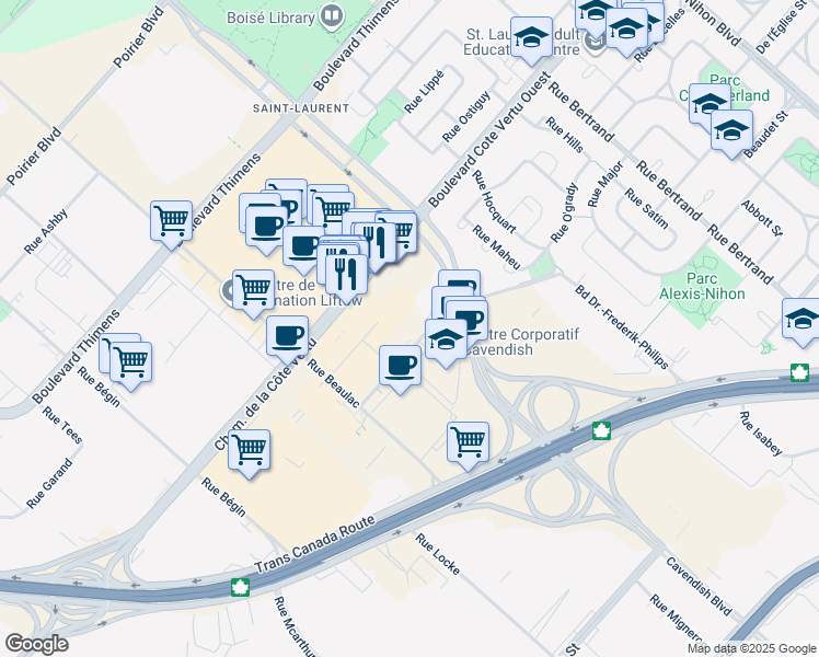 map of restaurants, bars, coffee shops, grocery stores, and more near in Montreal