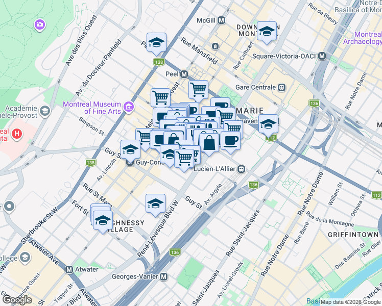 map of restaurants, bars, coffee shops, grocery stores, and more near 1182 Rue Crescent in Montréal