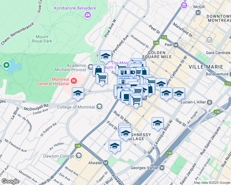 map of restaurants, bars, coffee shops, grocery stores, and more near Avenue Selkirk in Montréal