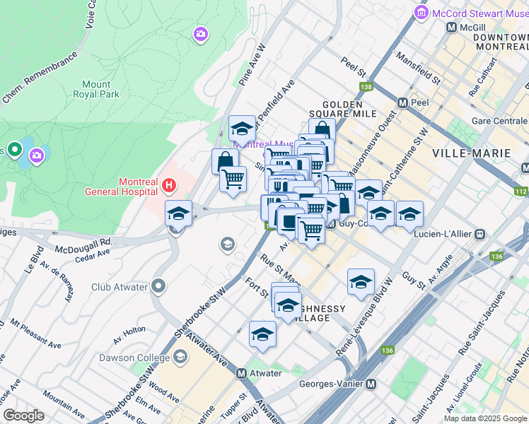 map of restaurants, bars, coffee shops, grocery stores, and more near in Montreal