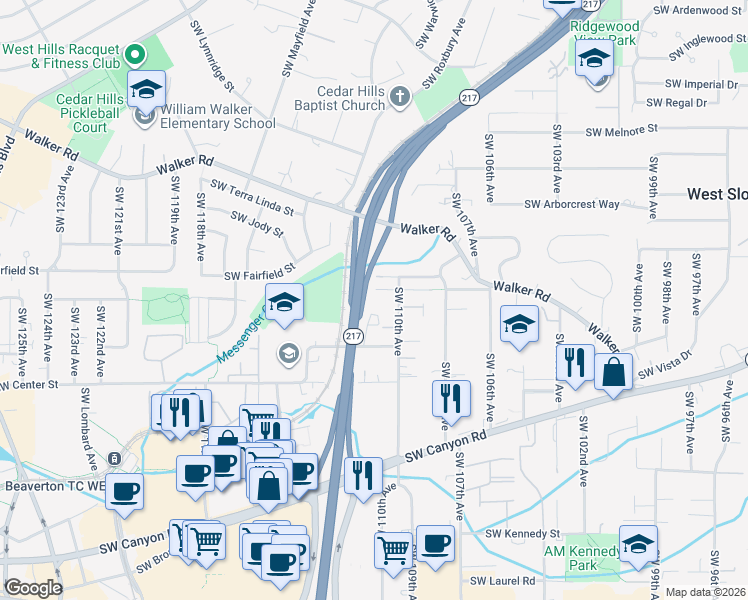 map of restaurants, bars, coffee shops, grocery stores, and more near 3225 Southwest 110th Avenue in Beaverton