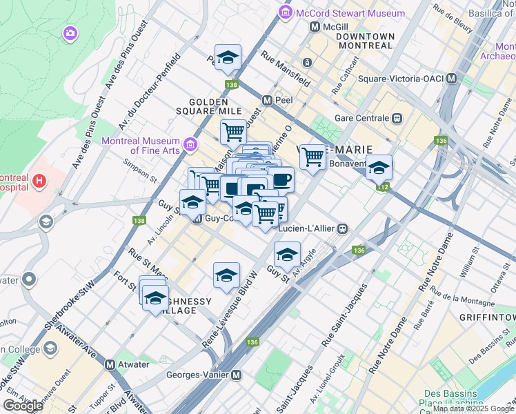 map of restaurants, bars, coffee shops, grocery stores, and more near 1235 Rue Bishop in Montrã©Al