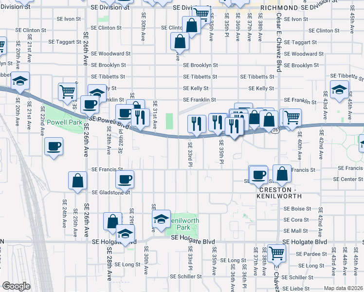 map of restaurants, bars, coffee shops, grocery stores, and more near 3630 Southeast 33rd Avenue in Portland