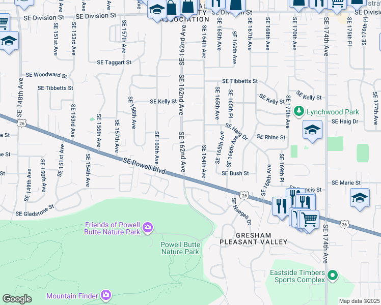 map of restaurants, bars, coffee shops, grocery stores, and more near 16214 Southeast Rhone Street in Portland
