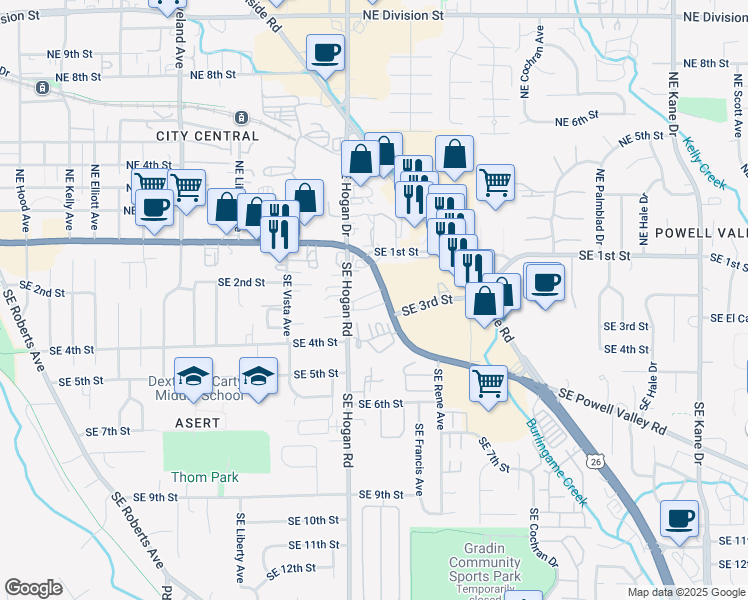 map of restaurants, bars, coffee shops, grocery stores, and more near 100 Southeast Hogan Road in Gresham