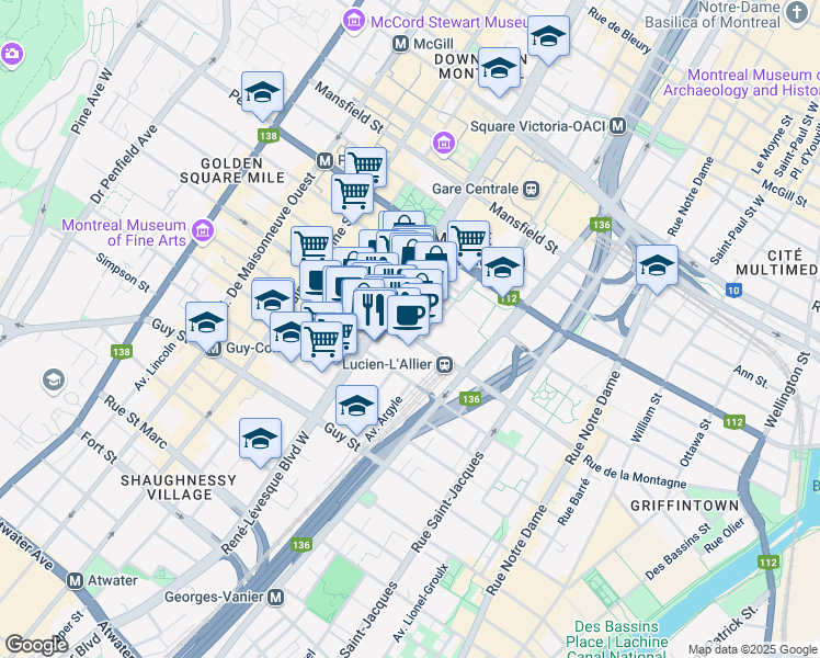 map of restaurants, bars, coffee shops, grocery stores, and more near 1051 Rue de la Montagne in Montréal