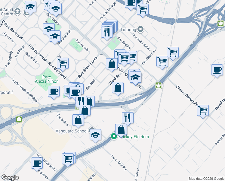 map of restaurants, bars, coffee shops, grocery stores, and more near 2320 Ward Street in Montrã©Al