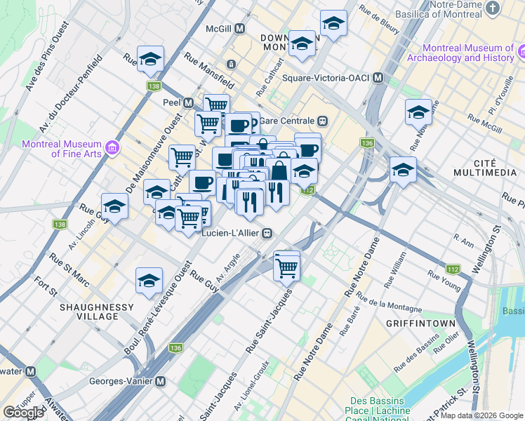 map of restaurants, bars, coffee shops, grocery stores, and more near 1288 Avenue des Canadiens-de-Montréal in Montréal