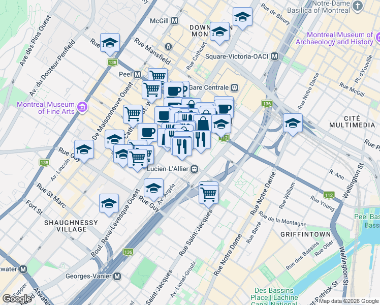 map of restaurants, bars, coffee shops, grocery stores, and more near 1288 Avenue des Canadiens-de-Montréal in Montréal
