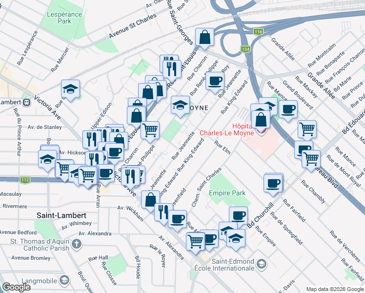 map of restaurants, bars, coffee shops, grocery stores, and more near Rue Jeannette in Longueuil