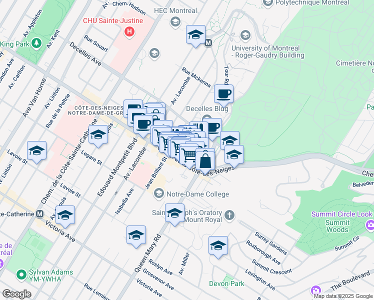 map of restaurants, bars, coffee shops, grocery stores, and more near in Montreal