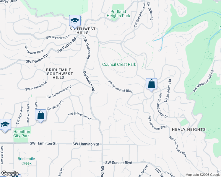 map of restaurants, bars, coffee shops, grocery stores, and more near 3334 Southwest Fairmount Lane in Portland
