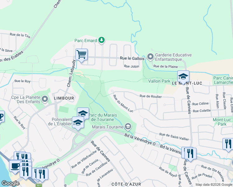 map of restaurants, bars, coffee shops, grocery stores, and more near 8 Rue de Roulier in Gatineau