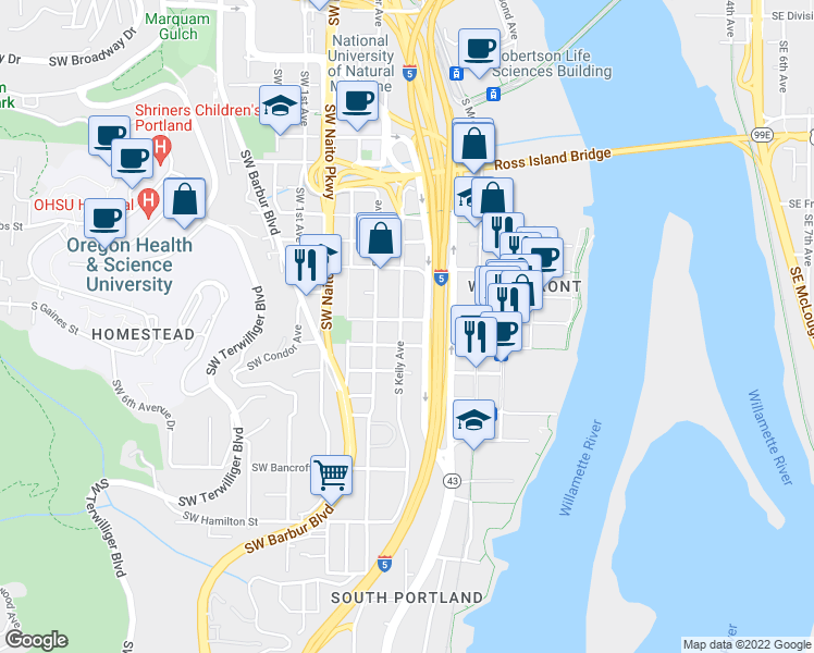 map of restaurants, bars, coffee shops, grocery stores, and more near 3712 Southwest Kelly Avenue in Portland