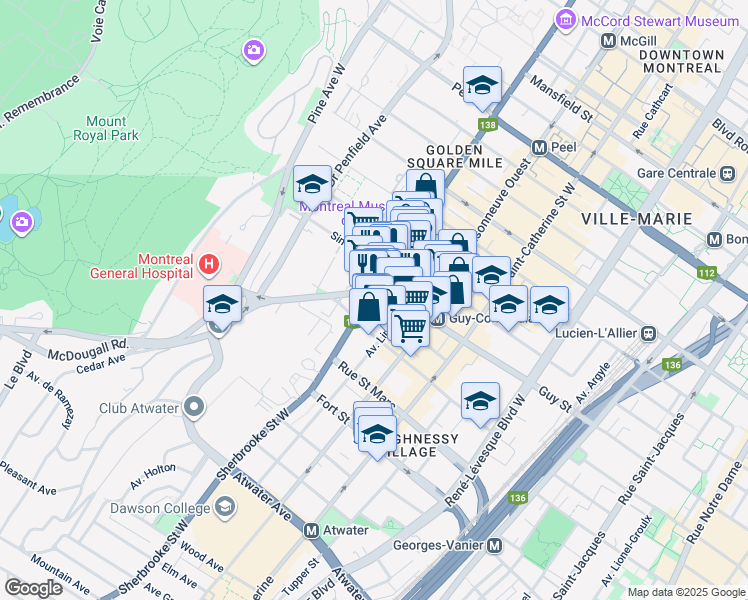 map of restaurants, bars, coffee shops, grocery stores, and more near in Montreal