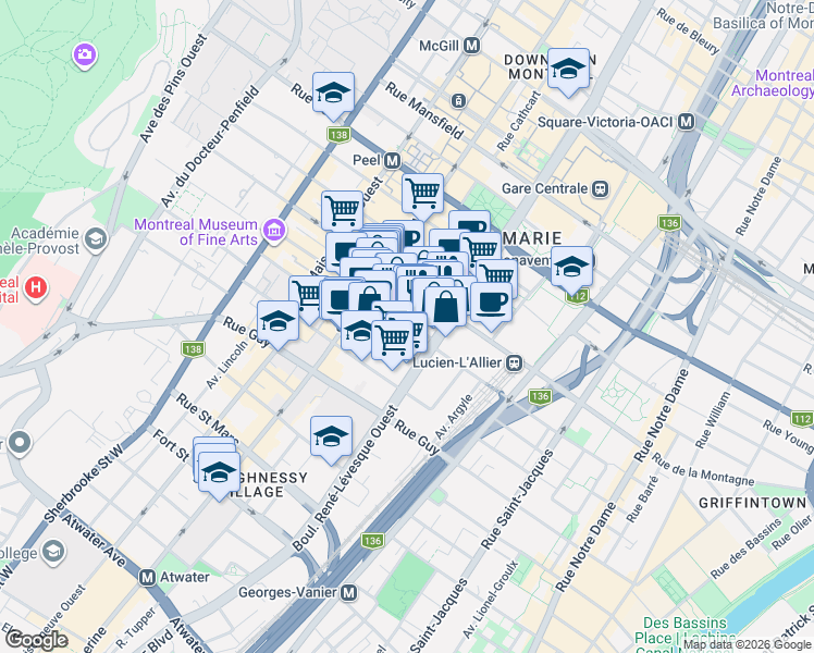 map of restaurants, bars, coffee shops, grocery stores, and more near 1182 Rue Jeanne-Mance in Montréal