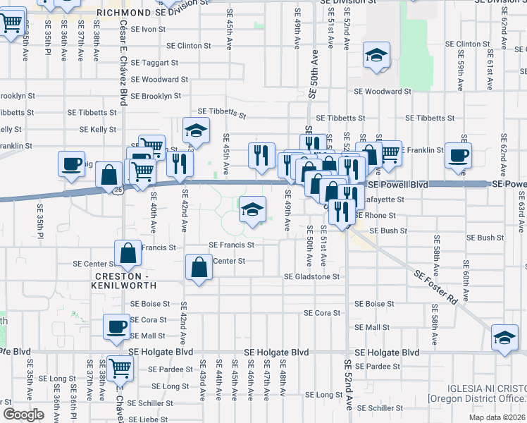 map of restaurants, bars, coffee shops, grocery stores, and more near 4620 Southeast Powell Boulevard in Portland