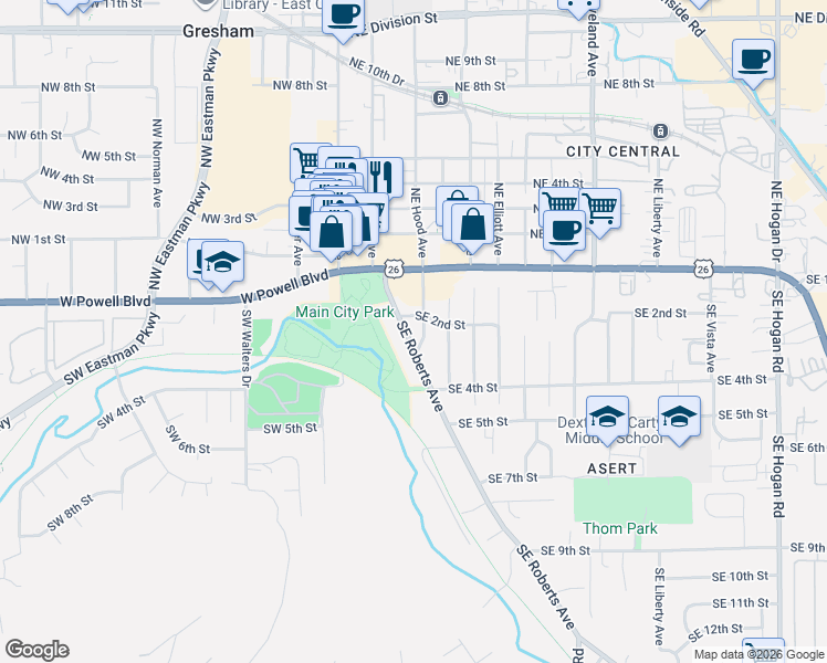 map of restaurants, bars, coffee shops, grocery stores, and more near 210 Southeast 2nd Street in Gresham