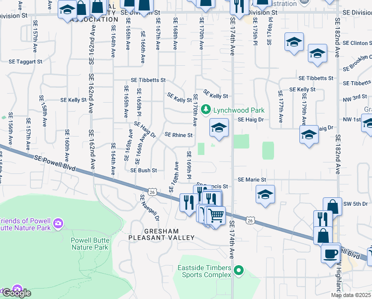 map of restaurants, bars, coffee shops, grocery stores, and more near 16921 Southeast Lafayette Street in Portland