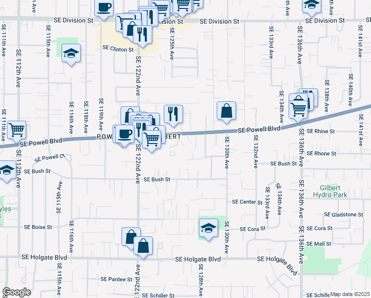 map of restaurants, bars, coffee shops, grocery stores, and more near 12540 Southeast Powell Boulevard in Portland