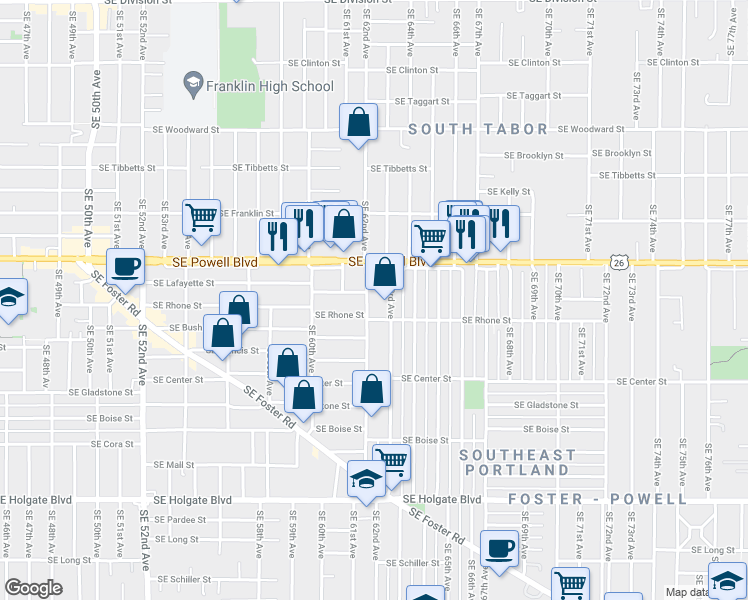 map of restaurants, bars, coffee shops, grocery stores, and more near 3603 Southeast 62nd Avenue in Portland