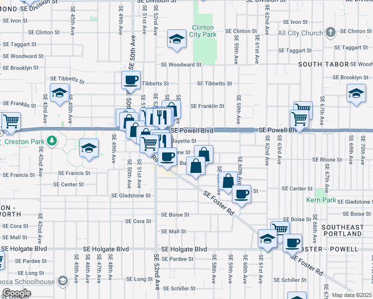 map of restaurants, bars, coffee shops, grocery stores, and more near 3612 Southeast 54th Avenue in Portland