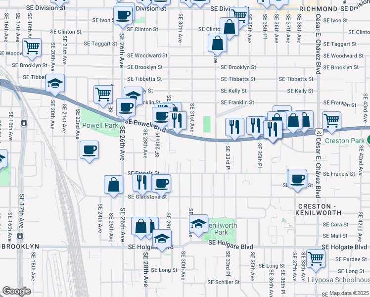 map of restaurants, bars, coffee shops, grocery stores, and more near 3000 Southeast Powell Boulevard in Portland