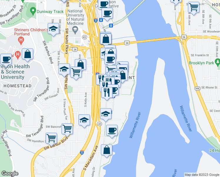 map of restaurants, bars, coffee shops, grocery stores, and more near in Portland