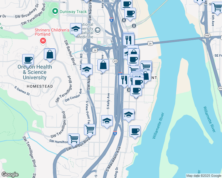 map of restaurants, bars, coffee shops, grocery stores, and more near 312 South Gaines Street in Portland