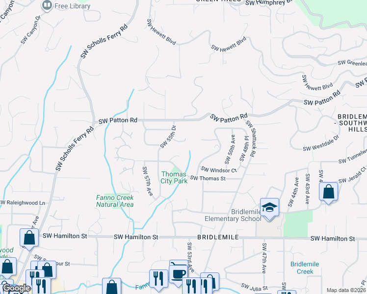 map of restaurants, bars, coffee shops, grocery stores, and more near 5325 Southwest Westdale Drive in Portland