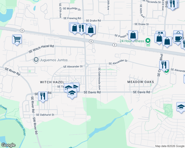 map of restaurants, bars, coffee shops, grocery stores, and more near 5115 Southeast Verbena Place in Hillsboro