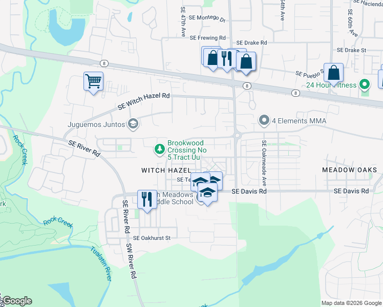map of restaurants, bars, coffee shops, grocery stores, and more near 4690 Southeast Sandalwood Street in Hillsboro