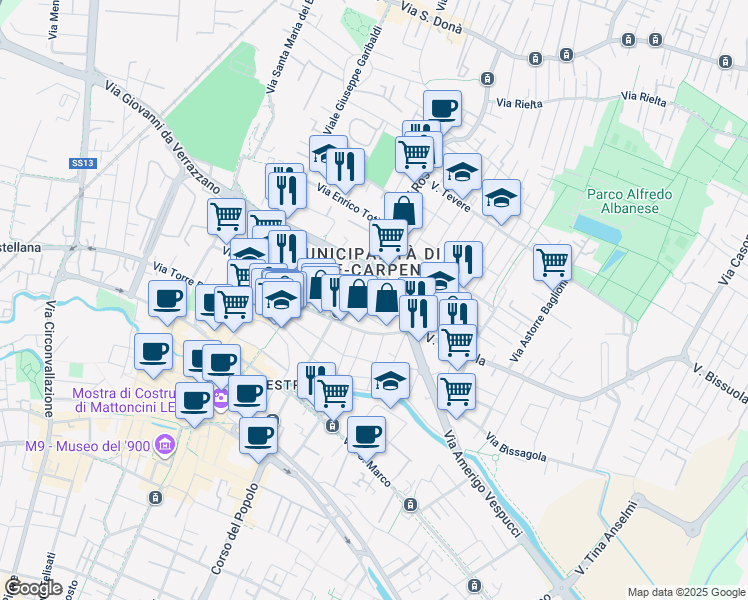 map of restaurants, bars, coffee shops, grocery stores, and more near 1A Via Amerigo Vespucci in Venezia