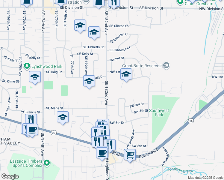 map of restaurants, bars, coffee shops, grocery stores, and more near 3600 Southeast 182nd Avenue in Gresham