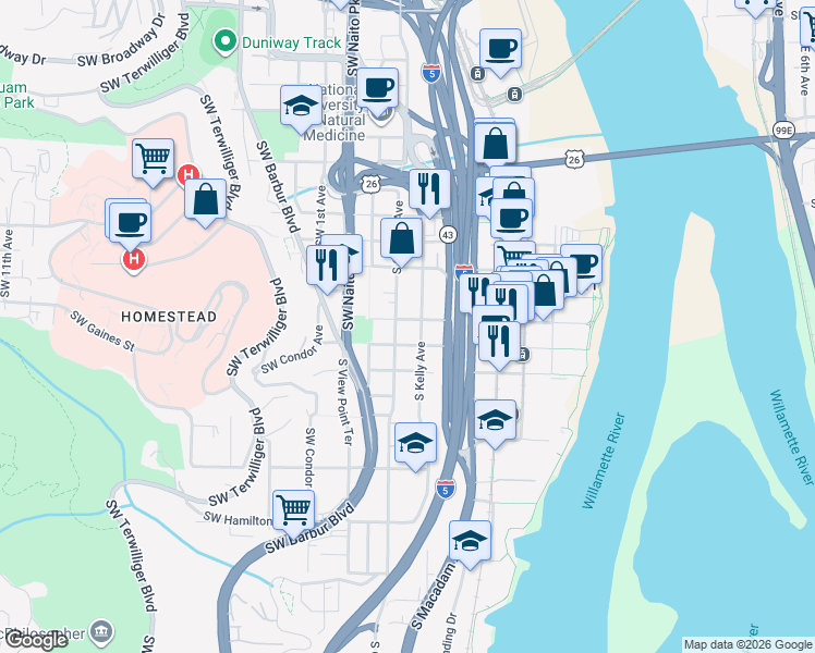 map of restaurants, bars, coffee shops, grocery stores, and more near 216 Southwest Gaines Street in Portland