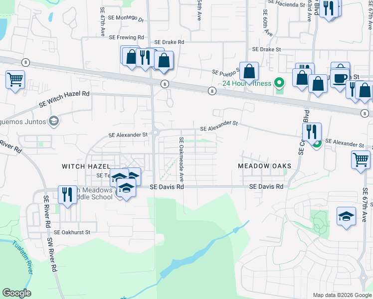 map of restaurants, bars, coffee shops, grocery stores, and more near 5231 Southeast Lone Oak Street in Hillsboro