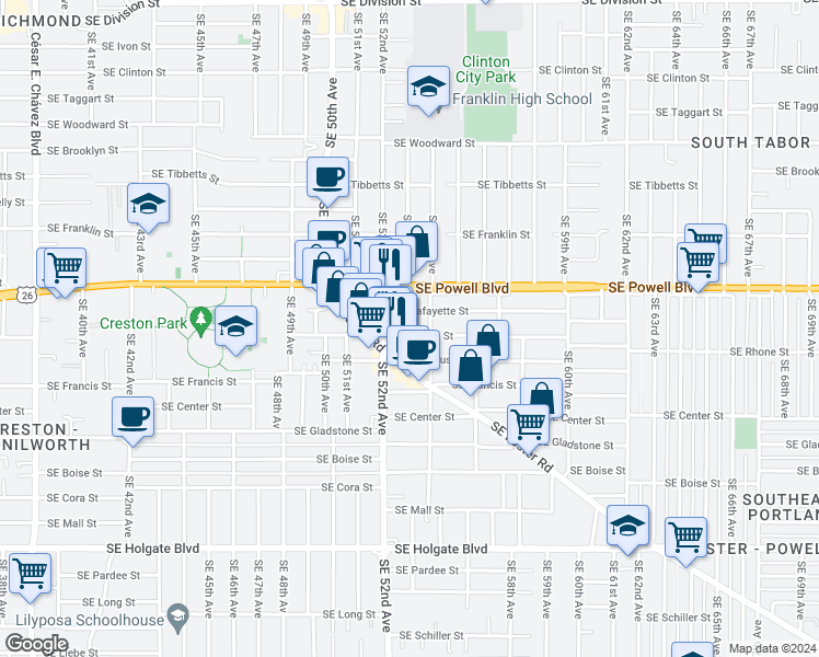 map of restaurants, bars, coffee shops, grocery stores, and more near 5301 Southeast Rhone Street in Portland