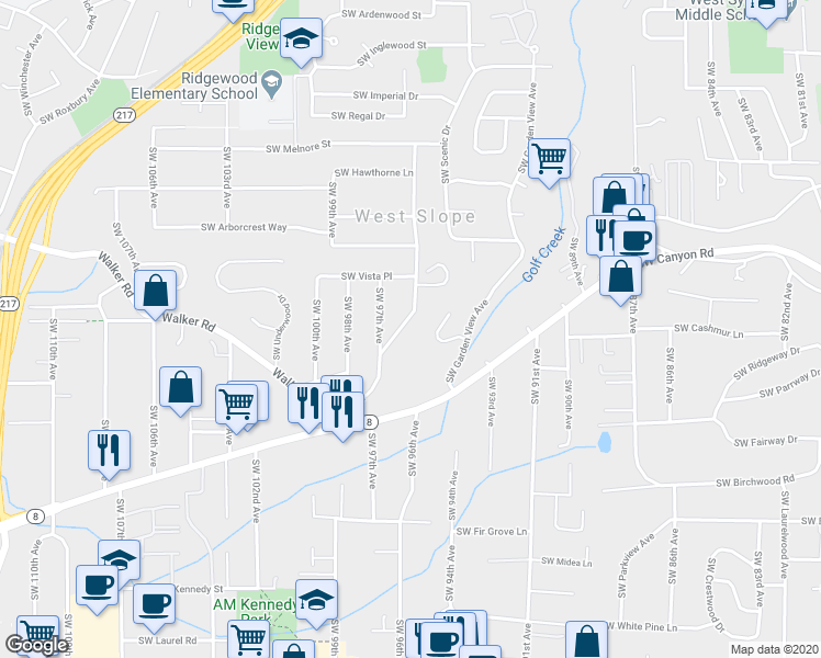map of restaurants, bars, coffee shops, grocery stores, and more near 3270 Southwest Vista Drive in Portland