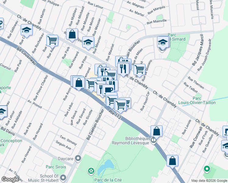 map of restaurants, bars, coffee shops, grocery stores, and more near 2485 Boulevard Gaétan-Boucher in Longueuil