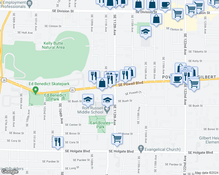 map of restaurants, bars, coffee shops, grocery stores, and more near 11108 Southeast Powell Boulevard in Portland