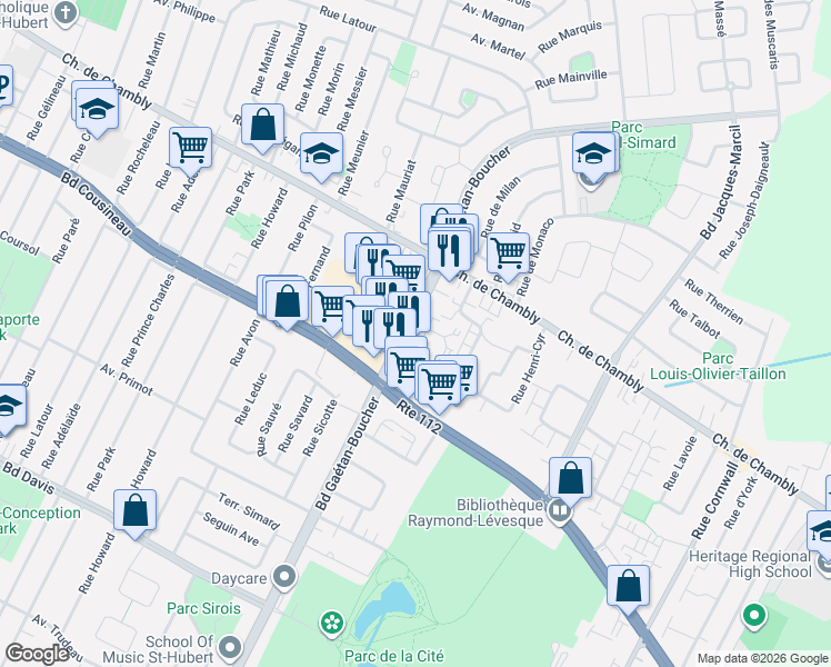 map of restaurants, bars, coffee shops, grocery stores, and more near 2485 Boulevard Gaétan-Boucher in Longueuil