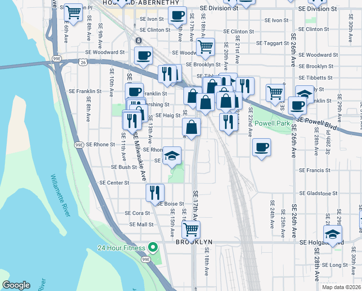 map of restaurants, bars, coffee shops, grocery stores, and more near 3614 Southeast 16th Avenue in Portland