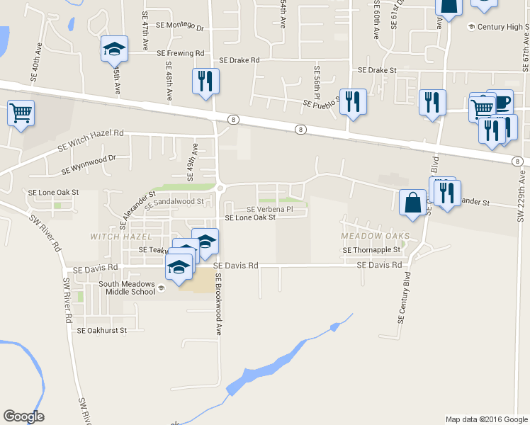 map of restaurants, bars, coffee shops, grocery stores, and more near 5231 Southeast Lone Oak Street in Hillsboro