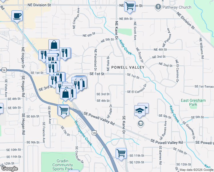 map of restaurants, bars, coffee shops, grocery stores, and more near 3101 Southeast 2nd Street in Gresham